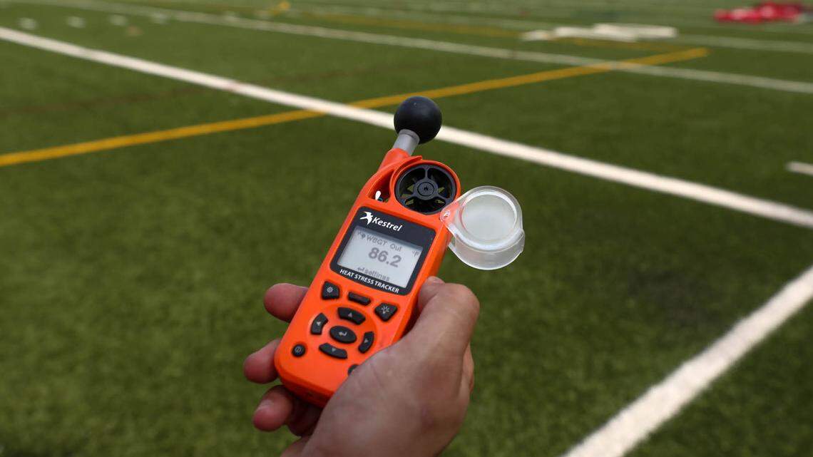 High schools use a wet-bulb thermometer to gauge the impacts of temperature and humidity.
