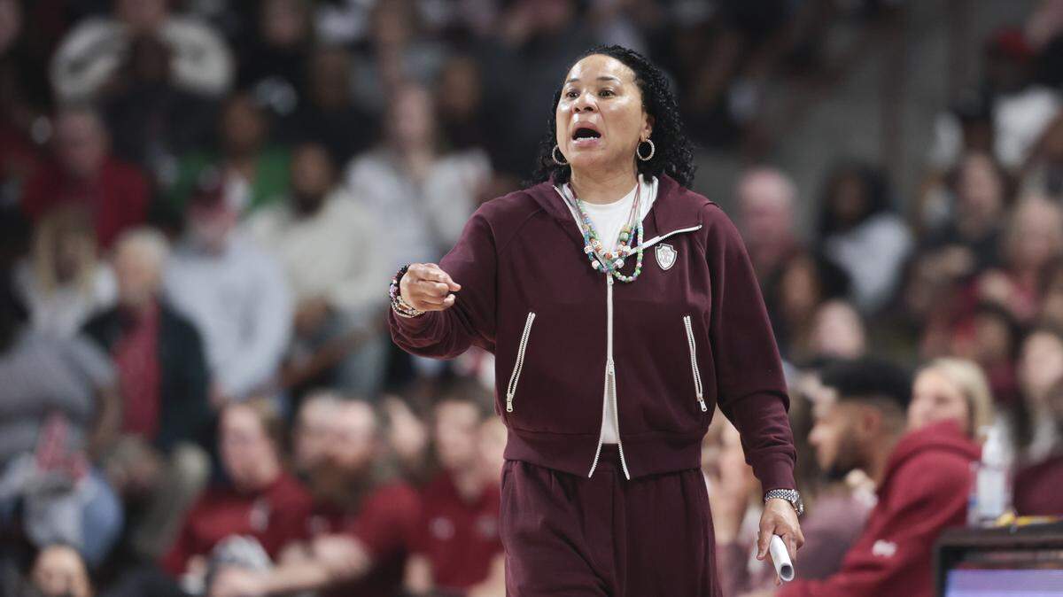 South Carolina's head coach Dawn Staley yells to her team during the first half of action of their women's basketball game against Ole Miss at Colonial Life Arena on Sunday, Feb. 22, 2026.