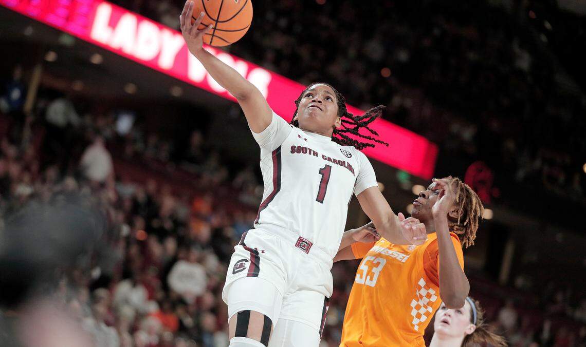 South Carolina’s Zia Cooke drives the ball against Tennessee during Sunday’s SEC tournament championship game at Bon Secours Wellness Arena in Greenville.