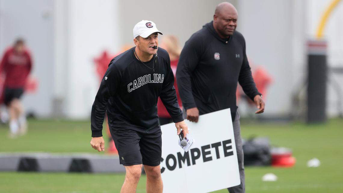 South Carolina head football coach Shane Beamer runs an open practice on Thursday, March 28, 2024.