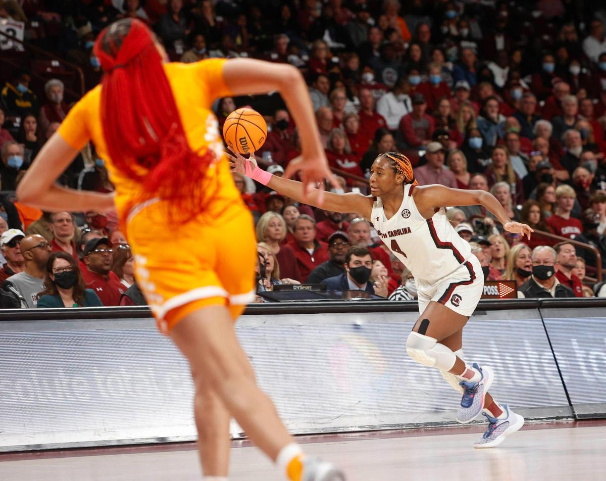 South Carolina’s Aliyah Boston (4) snags a pass as Tennessee’s Tamair Key (20) defends during the second half of action on Sunday Feb, 20, 2022 in the Colonial Life Arena.