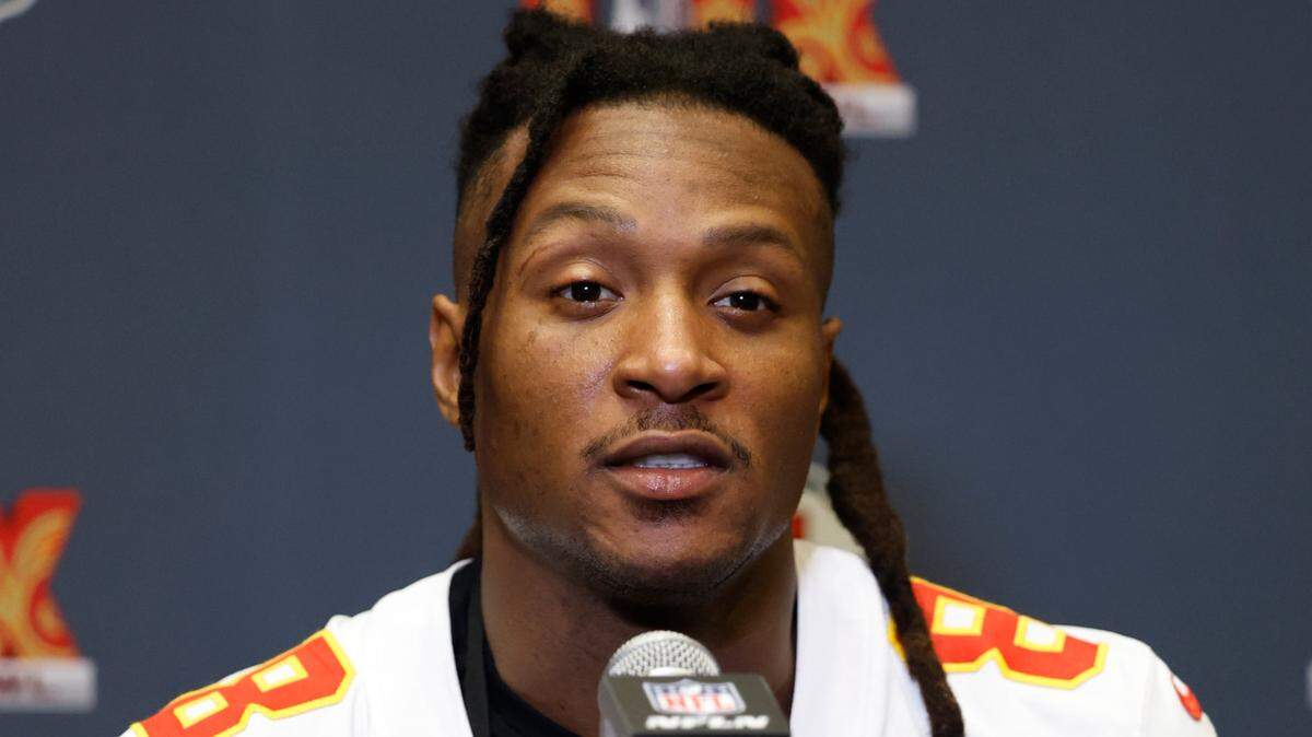 Kansas City Chiefs wide receiver DeAndre Hopkins (8) during a press conference this week in advance of Super Bowl LIX at New Orleans Marriott.