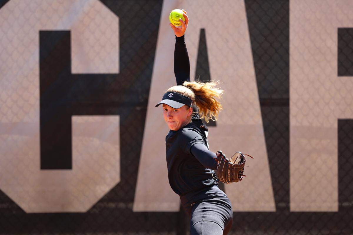 University of South Carolina pitcher Sam Gress (9) throws during practice at the Carolina Softball Stadium before the NCAA Columbia Regional on Thursday, May, 15, 2025.