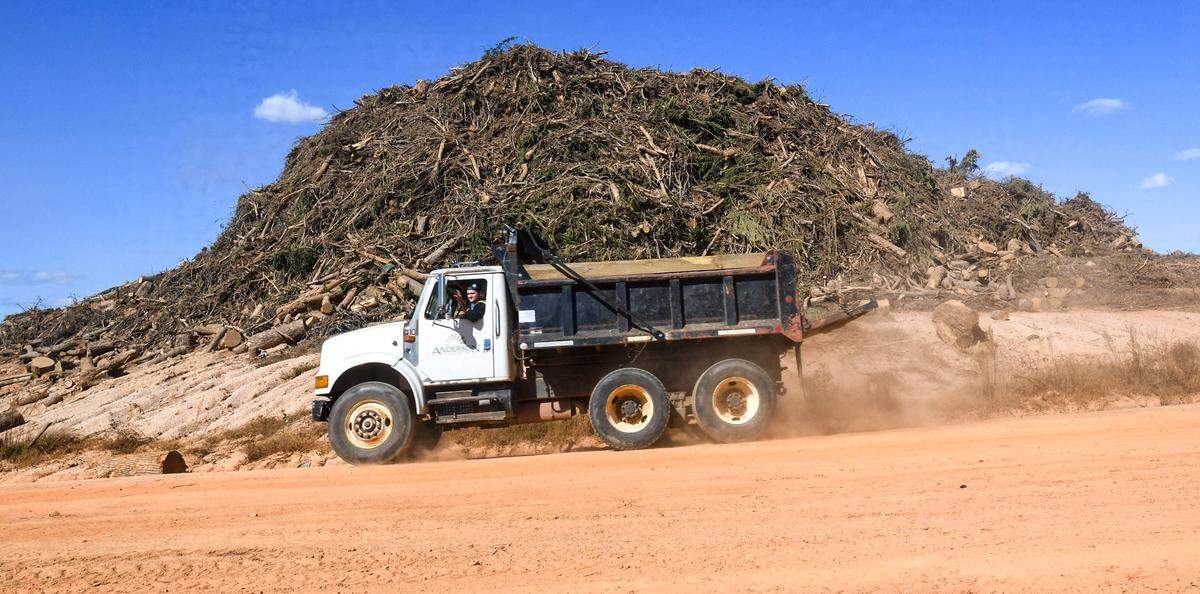 A debris removal truck from Anderson leaves after unloading at Starr Landfill in Starr, South Carolina, USA, Wednesday, October 16, 2024.