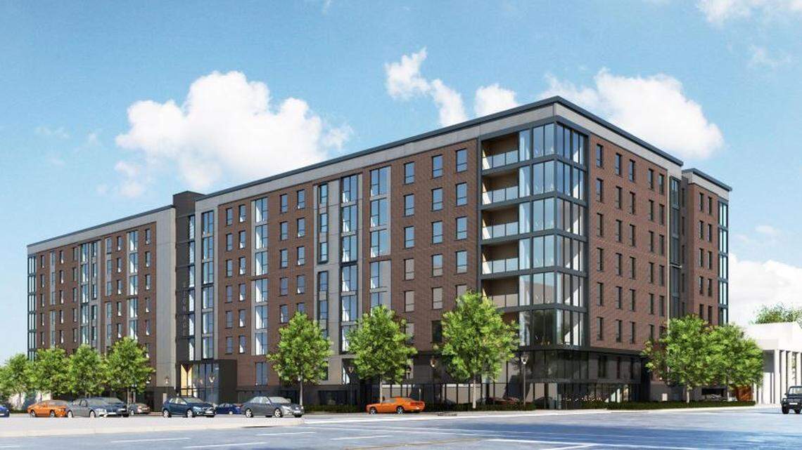 A rendering of an eight-story student apartment complex that is planned to be built at the corner of Gervais and Pickens streets in downtown Columbia, near the University of South Carolina.