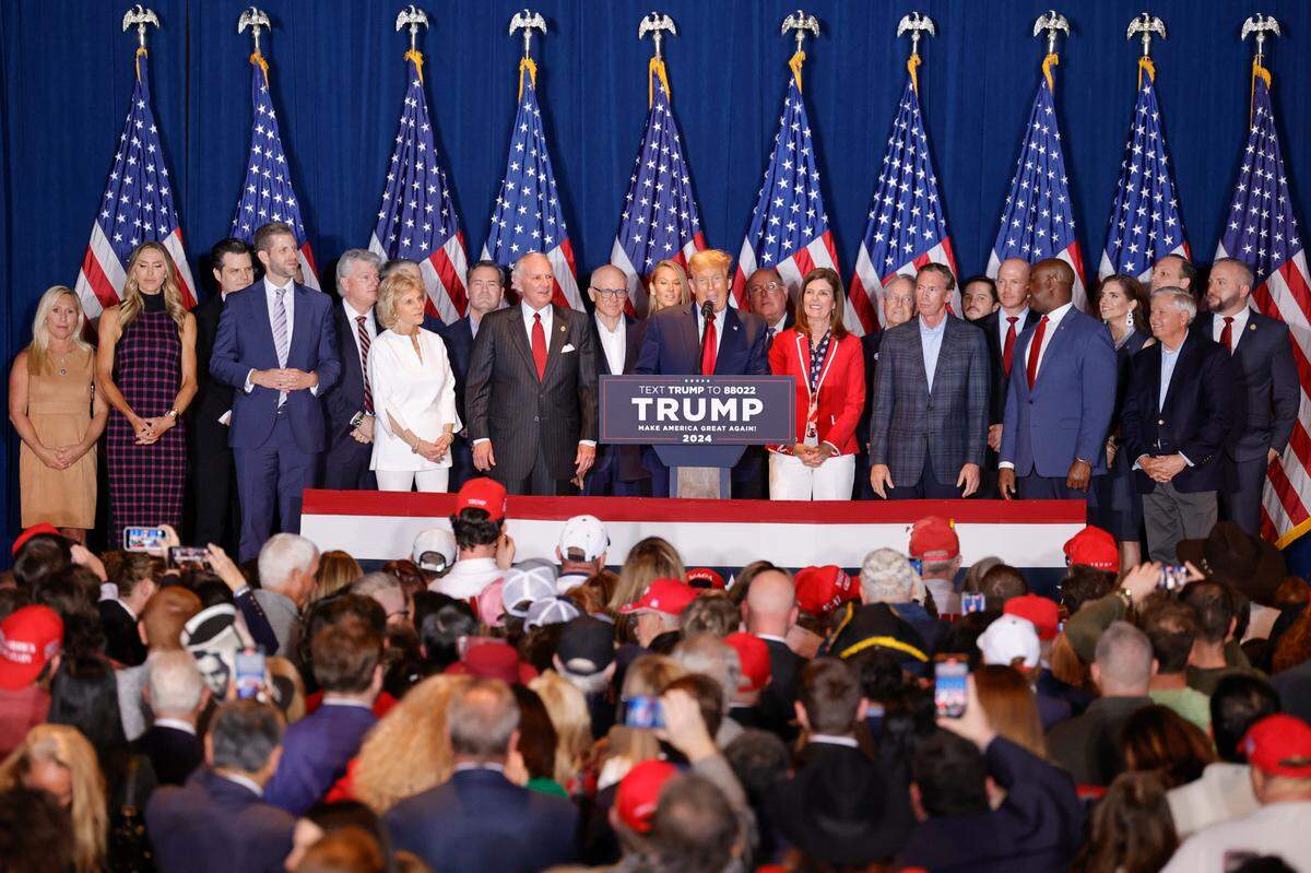 Donald Trump speaks to a crowd gathered at the South Carolina State Fairgrounds on Saturday, Feb. 24, 2024. Trump was declared the winner of the South Carolina primary.