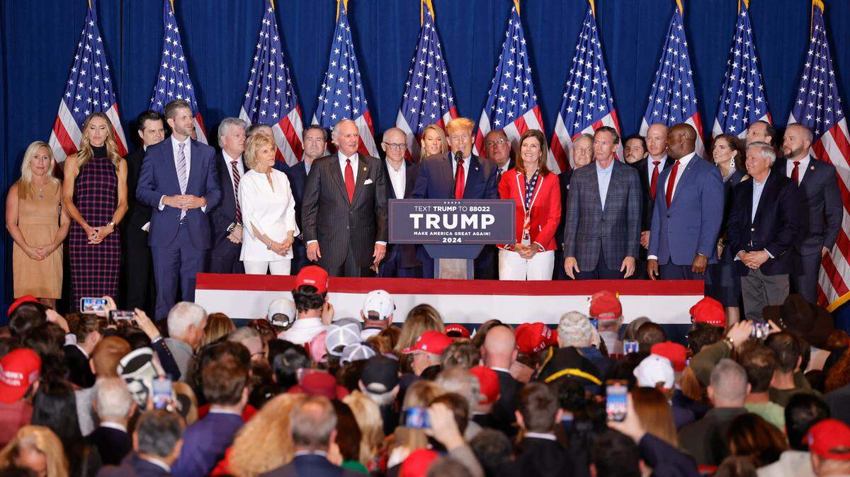 Donald Trump speaks to a crowd gathered at the South Carolina State Fairgrounds on Saturday, Feb. 24, 2024. Trump was declared the winner of the South Carolina primary.