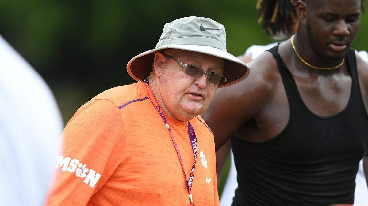 Clemson offensive line coach Robbie Caldwell coaches during Dabo SwinneyÕs football camp Sunday, June 6, 2021. Bart Boatwright/Special to The State