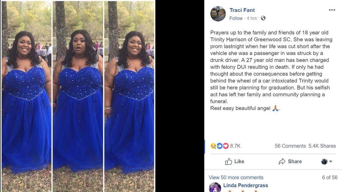 Trinity Brandasia Harrison was killed in a car crash late Saturday night.