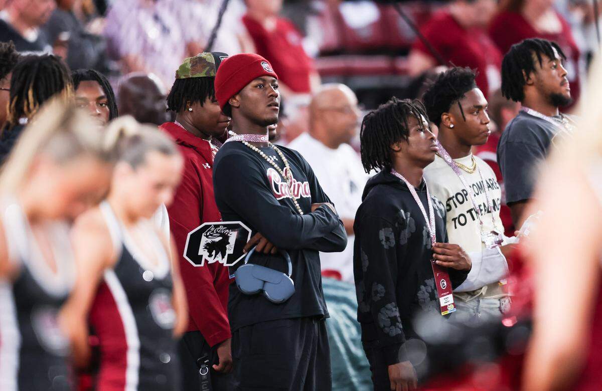 Landon Duckworth looks on before the Gamecocks’ game against Vanderbilt at Williams-Brice Stadium in Columbia on Saturday, September 13, 2025.