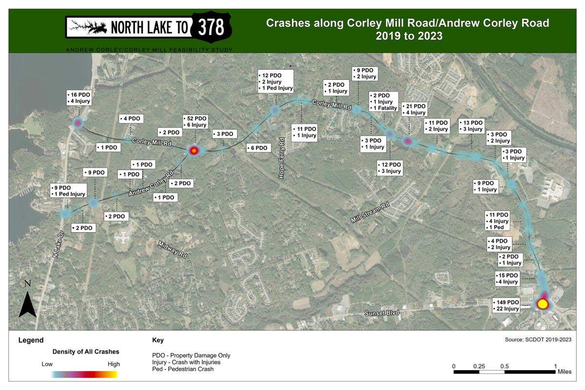 A map showing accidents along Corley Mill and Andrew Corley roads from 2019 to 2023
