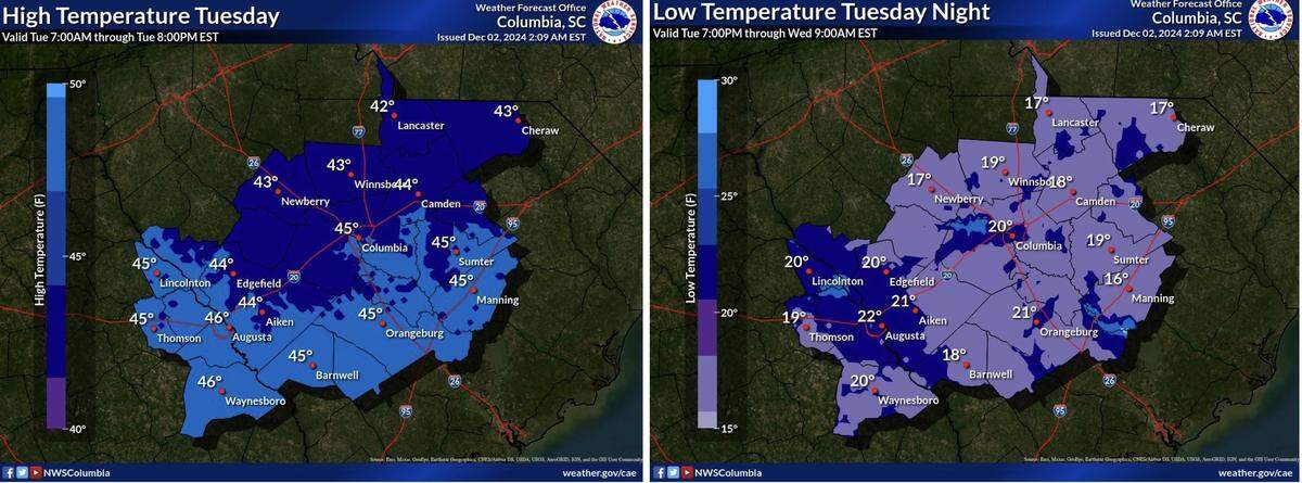 Maps that show temperature forecasts for the Midlands on Tuesday during the day and evening.