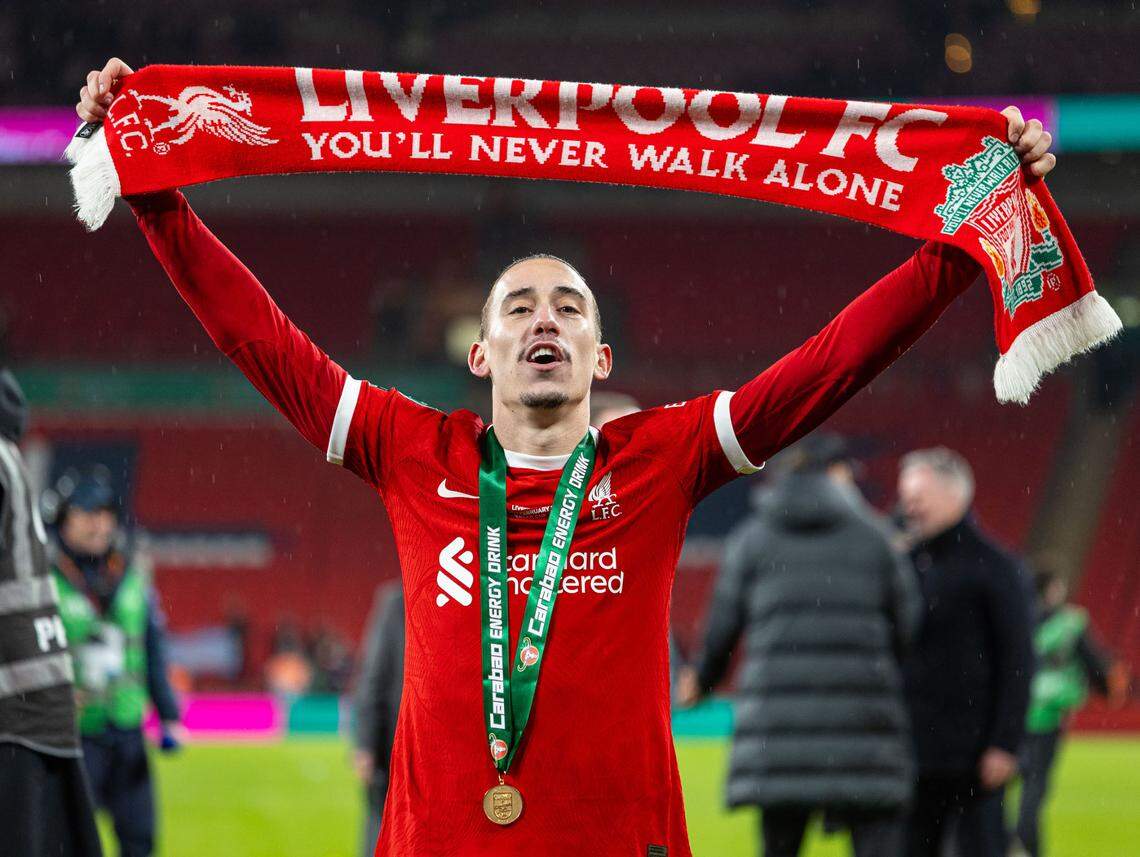 Liverpool’s Kostas Tsimikas celebrates after the English Football League Cup final match between Chelsea and Liverpool in London, Britain, on Feb. 25, 2024.