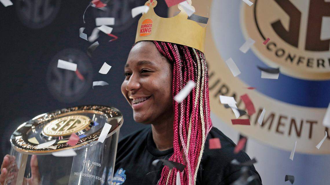 South Carolina’s Aliyah Boston celebrates Sunday’s SEC tournament championship win at Bon Secours Wellness Arena in Greenville.