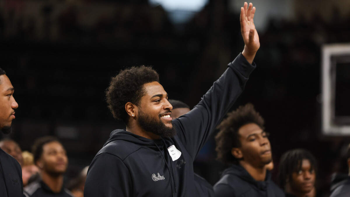 South Carolina transfer football player Rodney Newsom is recognized during a ceremony at halftime of Gamecocks’ game against Mississippi State at Colonial Life Arena in Columbia on Saturday, January 25, 2025.
