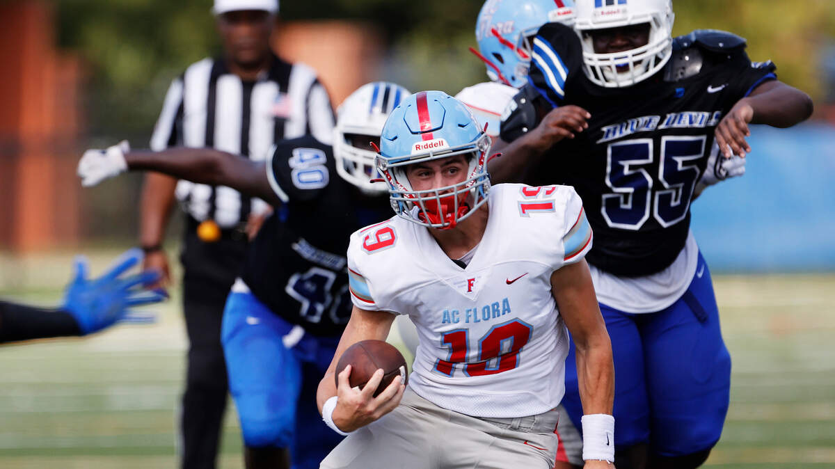 A.C. Flora’s Carew Bates 19 plays Dreher at Memorial Stadium in Columbia, South Carolina on Saturday, August 27, 2022.