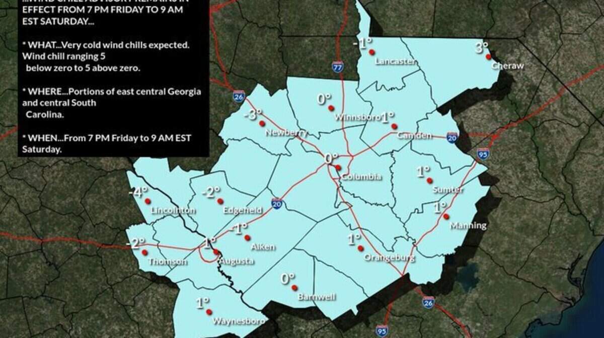 Wind chill advisory for the Columbia, Midlands area of South Carolina on Friday, Dec. 23, 2022.