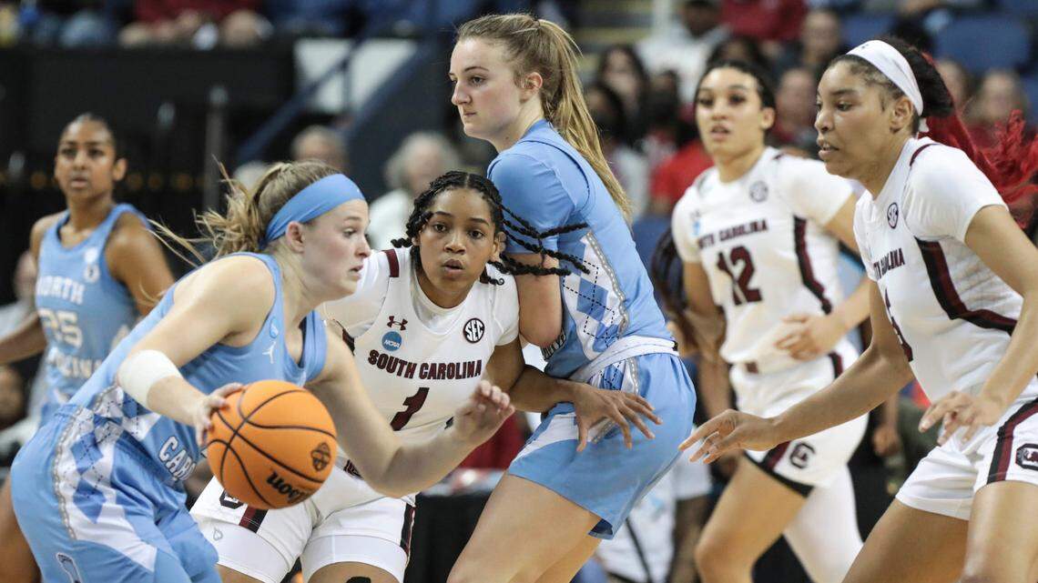 South Carolina defeated North Carolina in a Sweet 16 game at the Greensboro Coliseum on March 25, 2022.