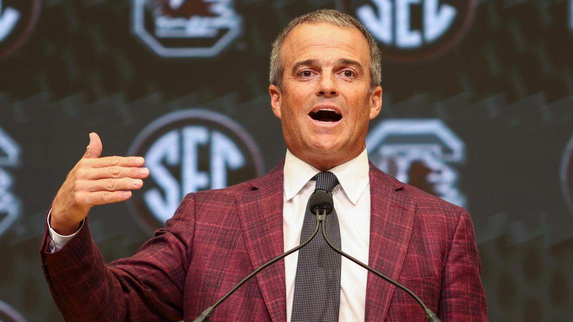 South Carolina Gamecocks head coach Shane Beamer talks to the media Monday during SEC Media Days at the Omni Atlanta Hotel.