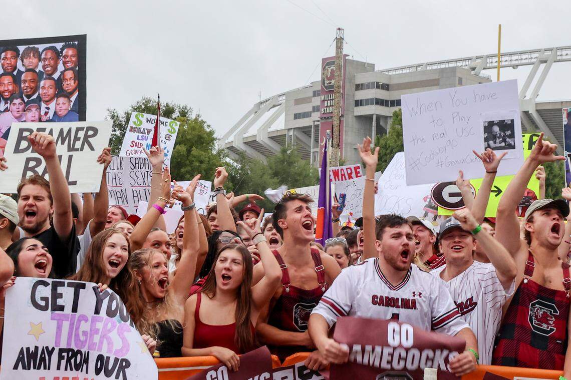 Students celebrate during the broadcast of ESPN College Gameday at Gamecock Park on Saturday, Sept. 14, 2024.