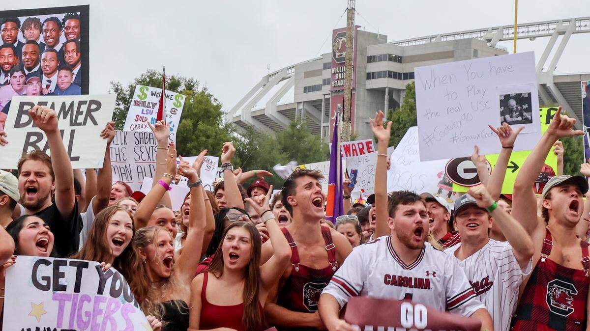 Students celebrate during the broadcast of ESPN College Gameday at Gamecock Park on Saturday, Sept. 14, 2024.