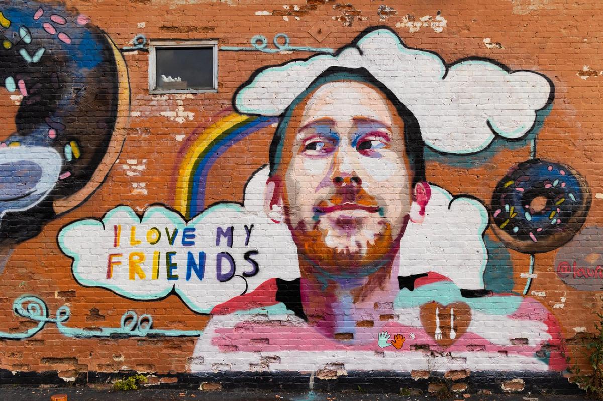 A mural of Aaron Graves, the lead singer of Columbia band Those Lavender Whales, on the side of the Hunter-Gatherer Alehouse on Main Street in Columbia, South Carolina. Graves died in 2019 of a brain tumor.