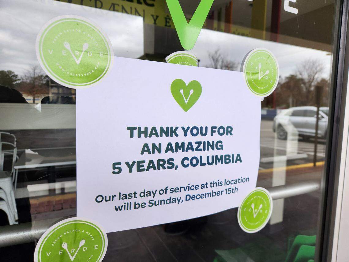 The Verde restaurant in Forest Acres in Trenholm Plaza displays a sign noting it is closed.