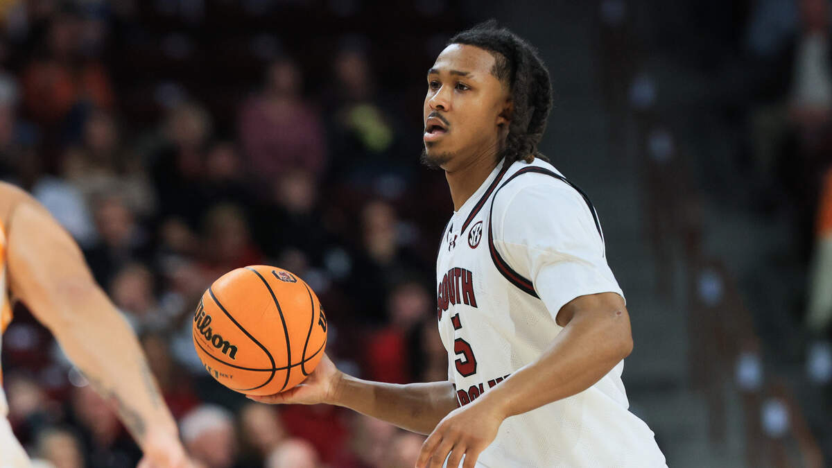 South Carolina's Meechie Johnson (5) plays Tennessee at Colonial Life Arena on Tuesday, March 3, 2026.