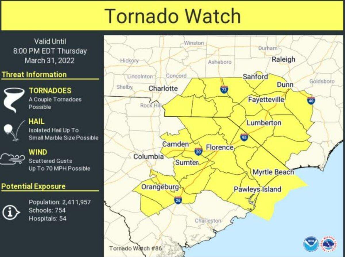 A tornado watch was issued for parts of South Carolina, according to the National Weather Service.
