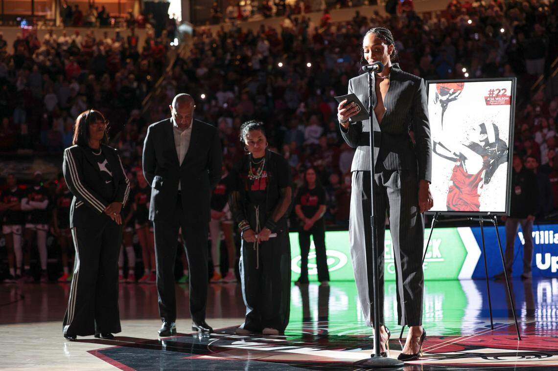 A’ja Wilson speaks to the crowd during a ceremony to retire her jersey and hang it in the Colonial Life Arena on Sunday, Feb. 2, 2025.