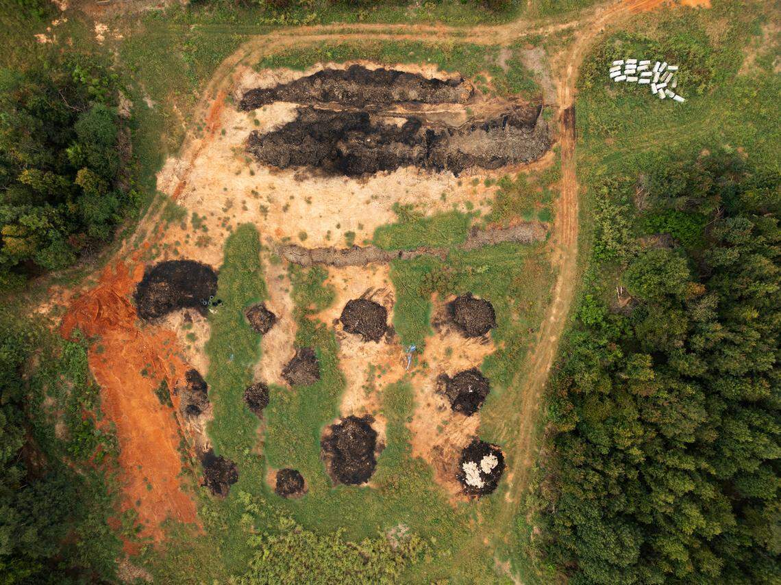 Chicken farms generate mounds of waste. Manure is supposed to be covered by tarps. This photo was taken near a Mountville, S.C., chicken farm in the Little River watershed on Wednesday, September 18, 2024.