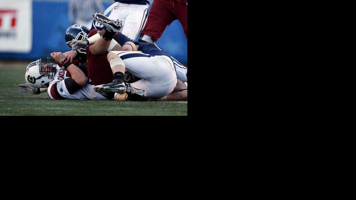 South Carolina sophomore quarterback No. 5 Stephen Garcia is sacked in the fourth quarter during the Papa Johns.com Bowl at Legion Field in Birmingham, Alabama, Saturday, January 2, 2010.