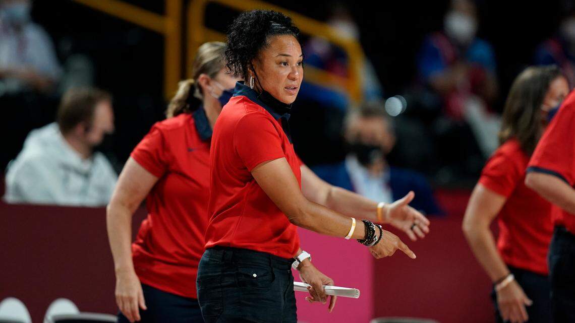 United States’ head coach Dawn Staley gestures to the players during women’s basketball gold medal game against Japan at the 2020 Summer Olympics, Sunday, Aug. 8, 2021, in Saitama, Japan. (AP Photo/Charlie Neibergall)