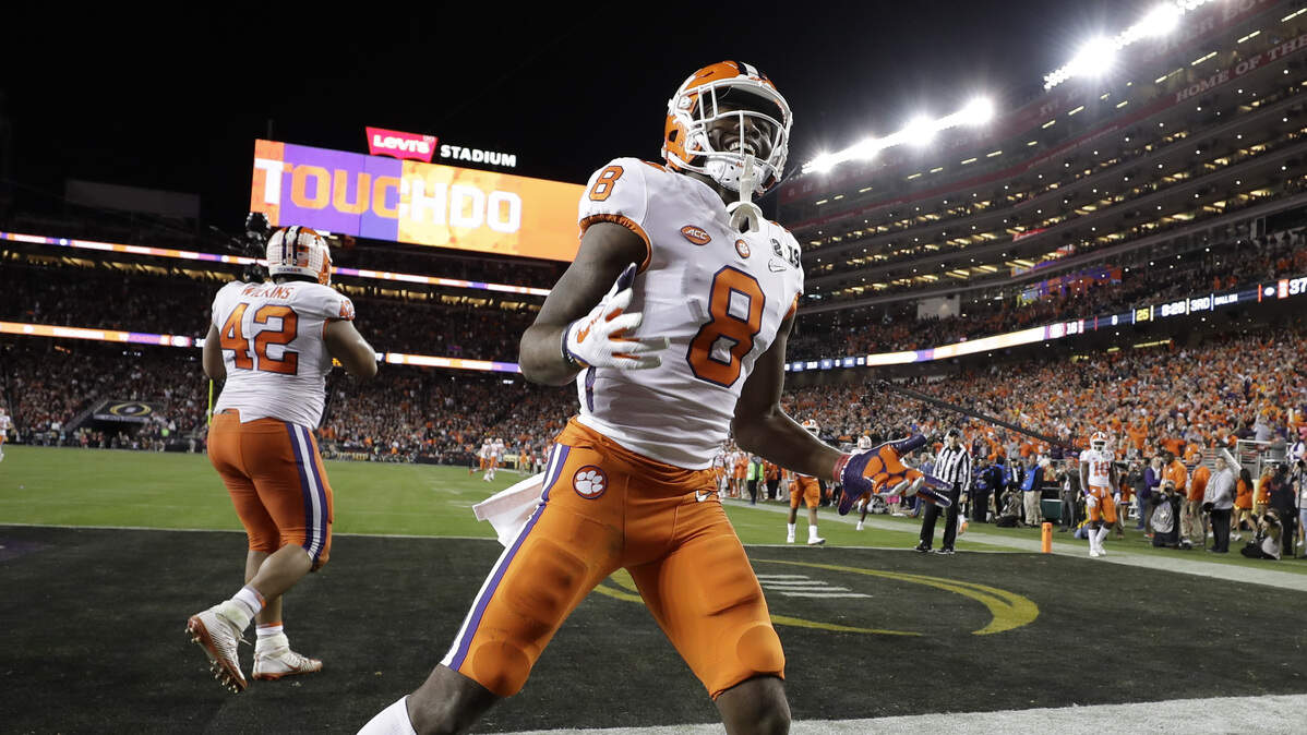 Clemson’s Justyn Ross celebrates his touchdown catch during the second half of the NCAA college football playoff championship game against Alabama Monday, Jan. 7, 2019, in Santa Clara, Calif. (AP Photo/David J. Phillip)