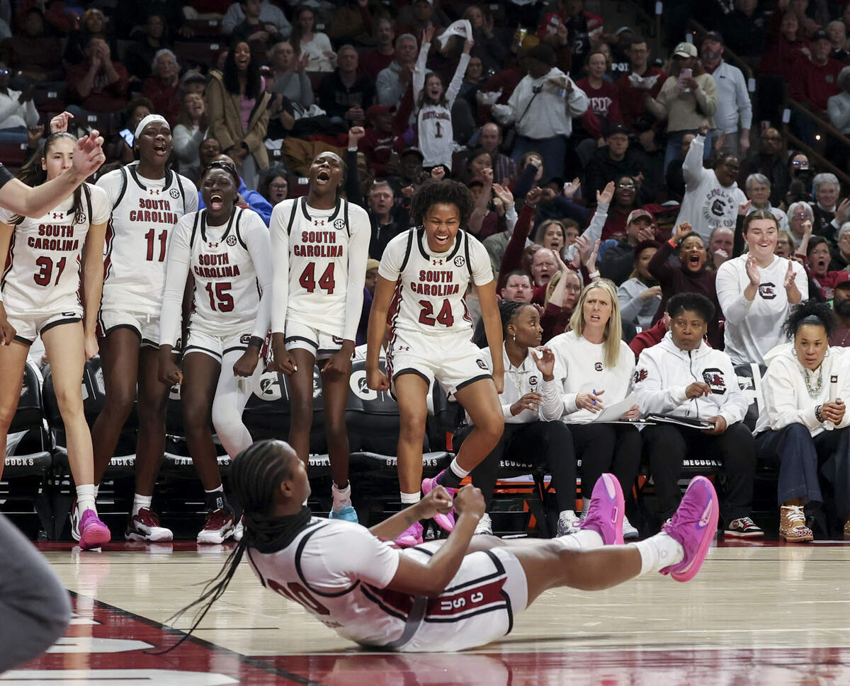 South Carolina's Ta'Niya Latson (00) celebrates scoring against Vanderbilt during the second half of action at Colonial Life Arena on Sunday, Jan. 25, 2026.