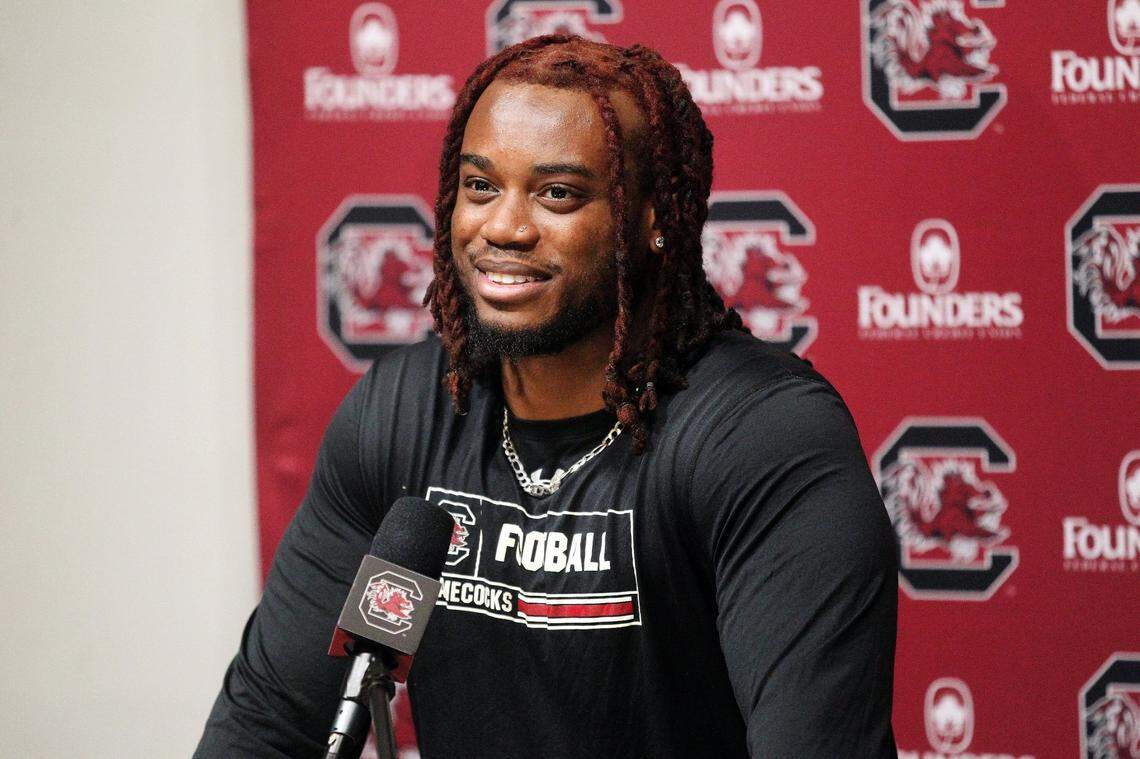 South Carolina defensive lineman Terrell Dawkins speaks with reporters on March 2, 2022.