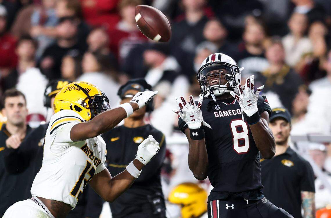 South Carolina wide receiver Nyck Harbor (8) pulls down a pass as Missouri safety Daylan Carnell (13) defends during the first half of the Gamecocks’ game against Missouri at Williams-Brice Stadium in Columbia on Saturday, November 16, 2024.