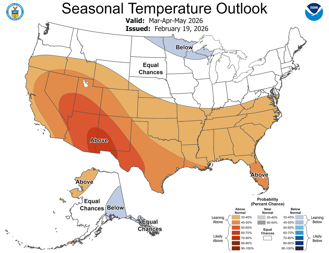 A map of the U.S. that shows the forecasted temperature for the upcoming months