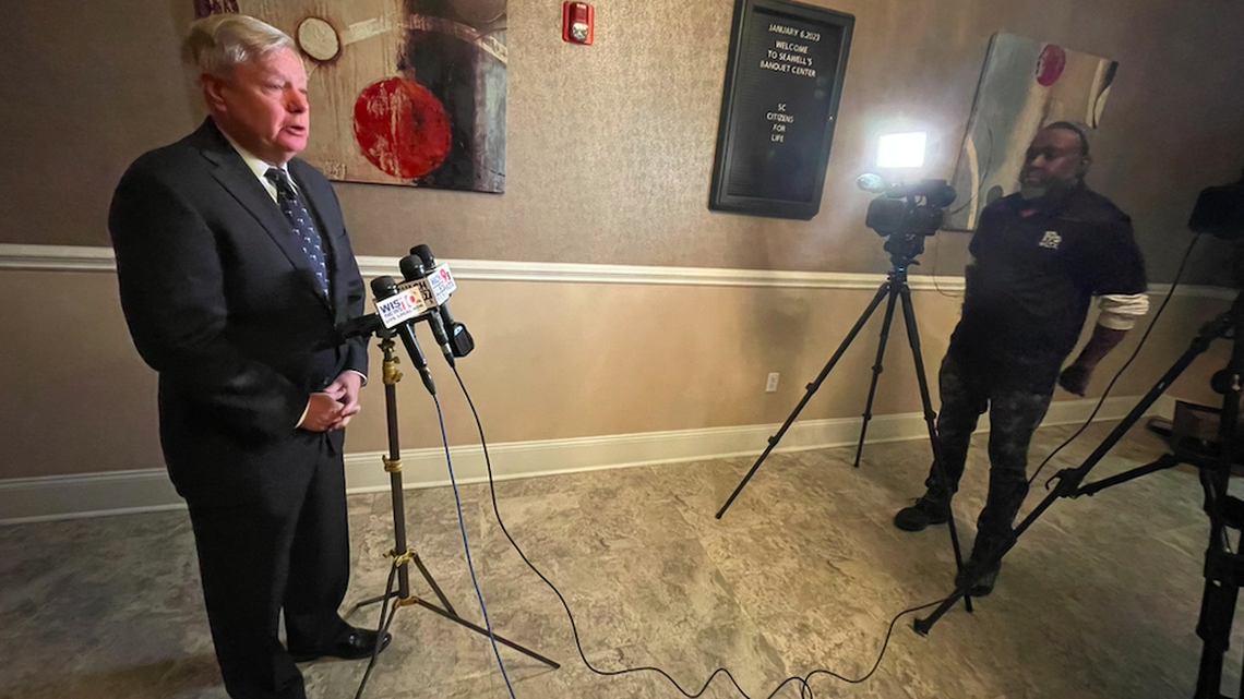 U.S. Sen. Lindsey Graham, R-S.C., speaks to reporters Friday, Jan. 6, 2023, at the S.C. Citizen’s for Life Proudly Pro-Life Dinner at Seawell’s in Columbia, S.C.