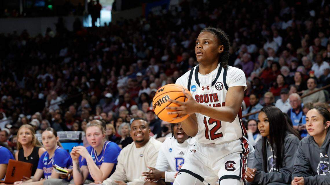 South Carolina’s MaLaysia Fulwiley (12) shoots lines up a three-pointer against Presbyterian in the first round of the NCAA Tournament at the Colonial Life Arena in Columbia, SC, on Friday, Mar. 22, 2024