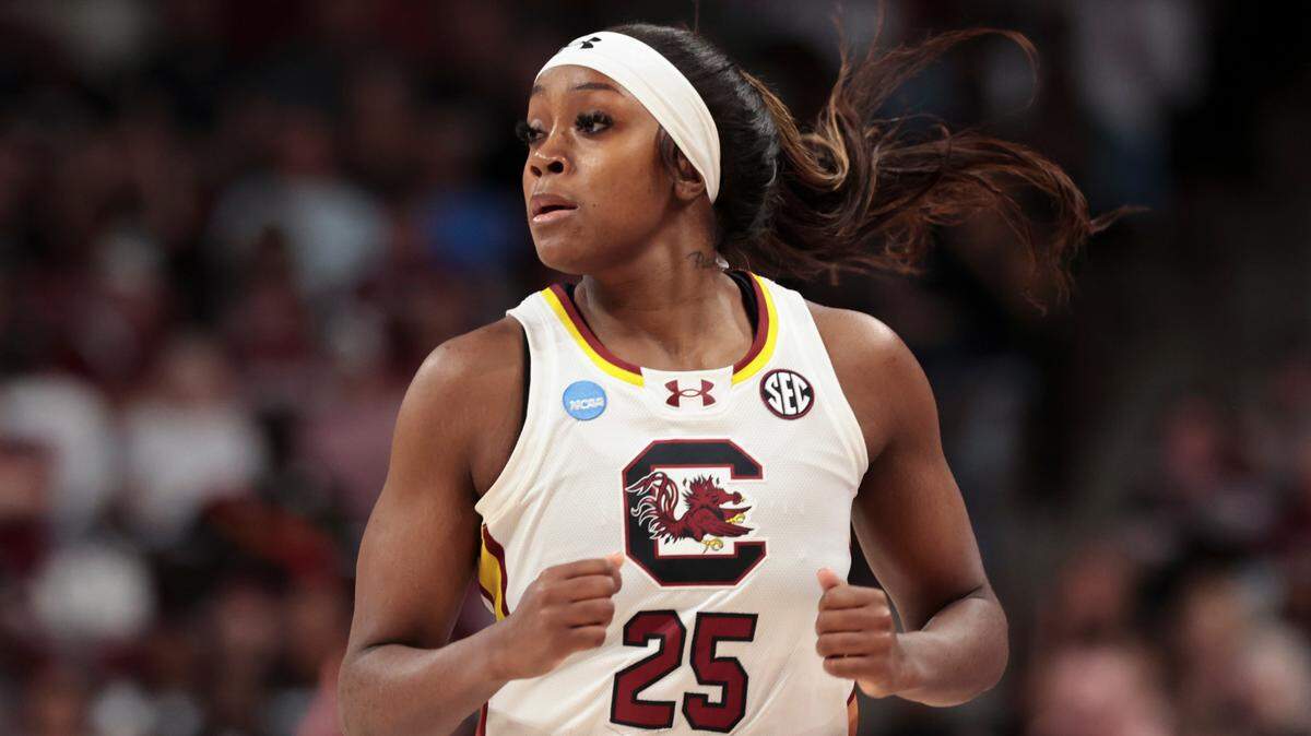 University of South Carolina’s Raven Johnson (25) runs down the court during the first half of action in the Second Round game of the NCAA Tournament at the Colonial Life Arena on Sunday, March 23, 2025.