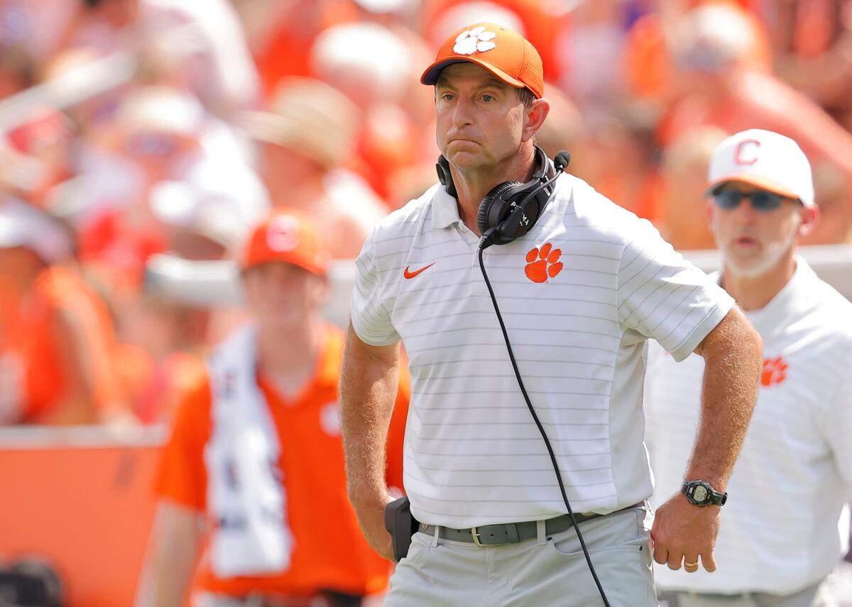Clemson head coach Dabo Swinney is seen against Syracuse during first-half action in Clemson, S.C on Saturday, Sept. 20, 2025.