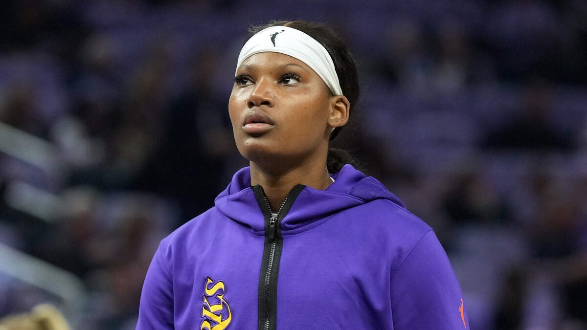 May 16, 2025; San Francisco, California, USA; Los Angeles Sparks forward Sania Feagin (1) before the game against the Golden State Valkyries at Chase Center.
