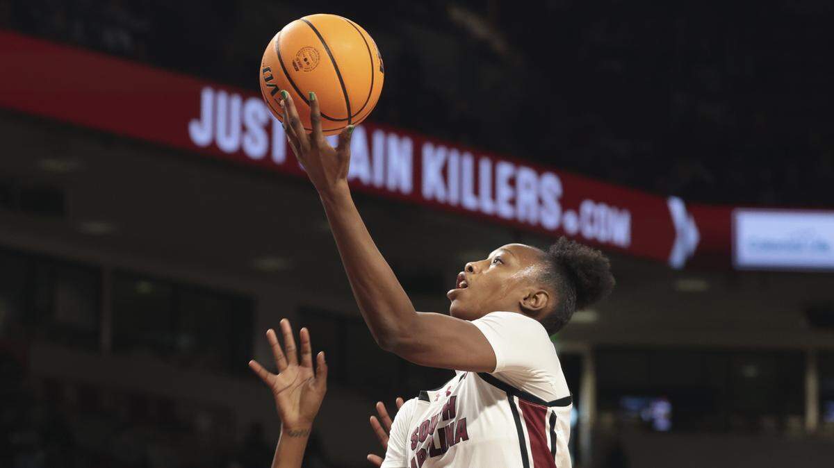 South Carolina's Joyce Edwards (8) shoots during the second half of action of their women's basketball game against North Carolina Central at Colonial Life Arena on Sunday, Dec. 7, 2025.
