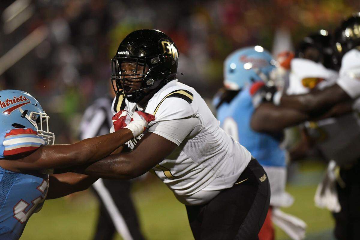 Gaffney’s Shedrick Sarratt (71) blocks during a game against JL Mann on Friday, Aug. 30, 2024.