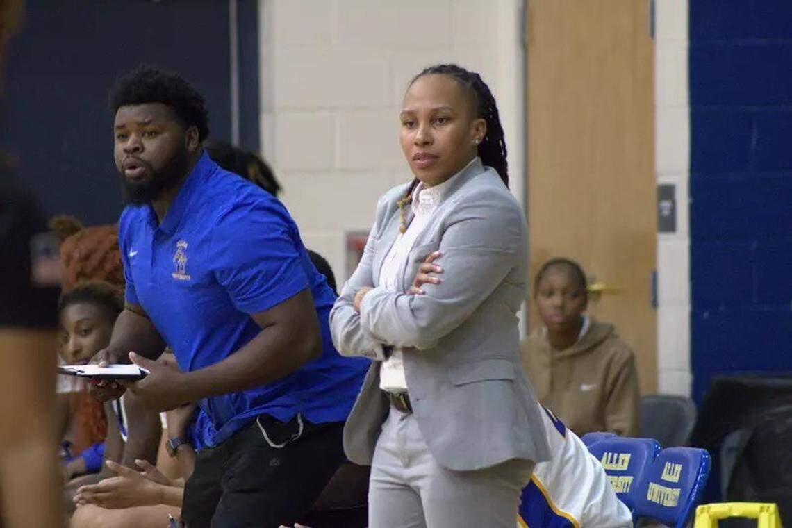Allen University head women’s basketball coach Olivia Gaines (right) on the sideline.