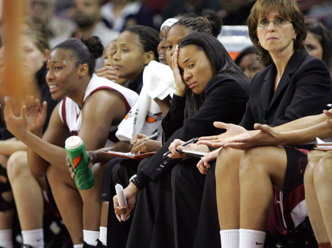 From Nov. 19, 2008: USC coach Dawn Staley reacts to Clemson scoring a basket in the first period during the Gamecocks’ game against the Tigers at Colonial Life Arena.