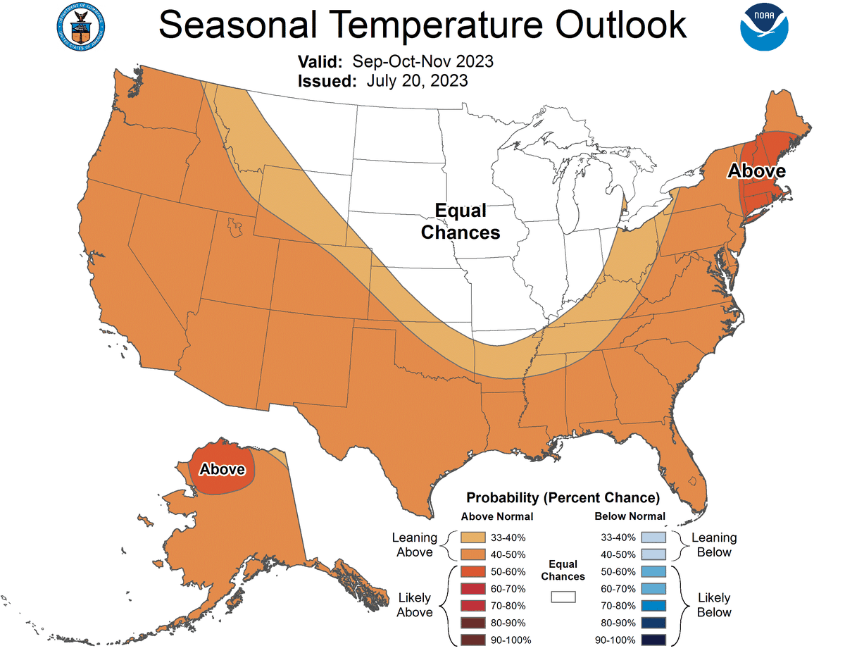 A map of the U.S. that shows seasonal temperature outlooks for September, October and November.