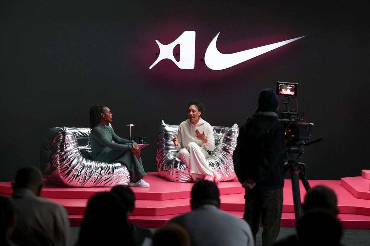 A’ja Wilson and actress Issa Rae tape a show for Nike social media of her Nike Signature shoe and clothing line in Columbia on Monday.