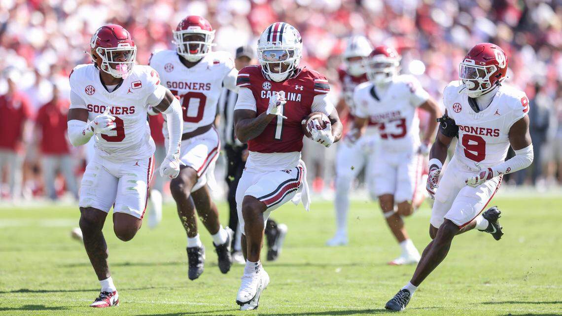 South Carolina running back Rahsul Faison (1) carries the ball during South Carolina’s game against Oklahoma at Williams-Brice Stadium in Columbia on Saturday, October 18, 2025.